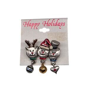 Vintage Happy Holidays Christmas Cat Trio Pin Brooch Mervyn's NOS